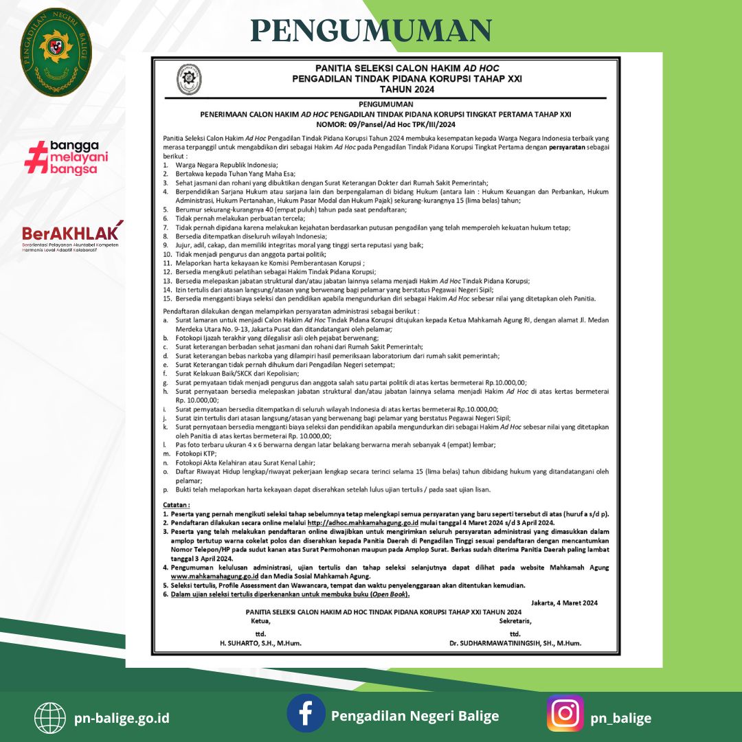 PENERIMAAN CALON HAKIM AD HOC PENGADILAN TINDAK PIDANA KORUPSI TINGKAT PERTAMA TAHAP XXI TAHUN 2024